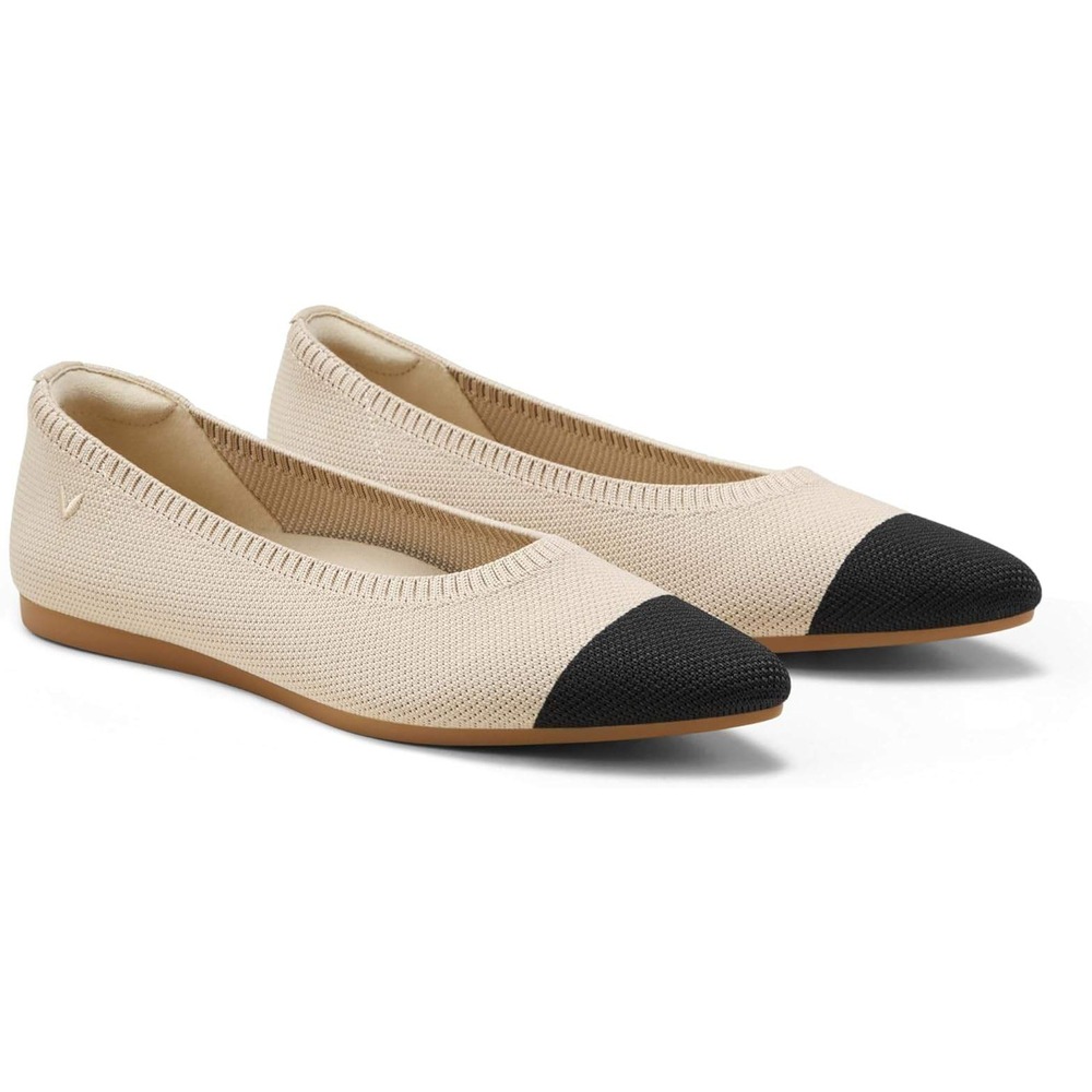 Neutral Beige and Black Cap-Toe Knit Ballet Flats